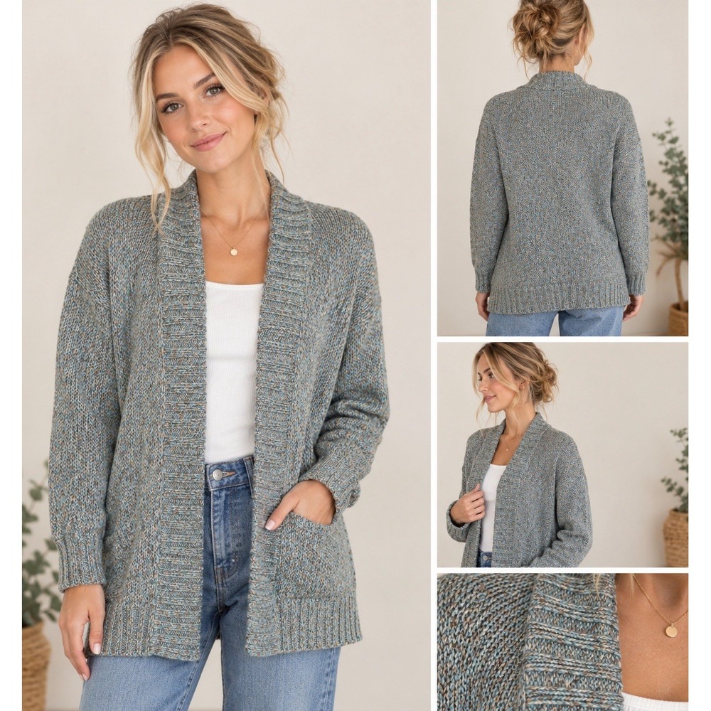Chico's Knit Cardigan Sweater Size 3 XL 16 Metallic Blue Brown Open Front
